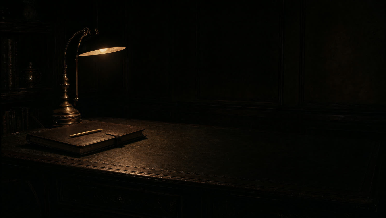 A brass desk lamp lighting a single sheet of paper on a dark desk.